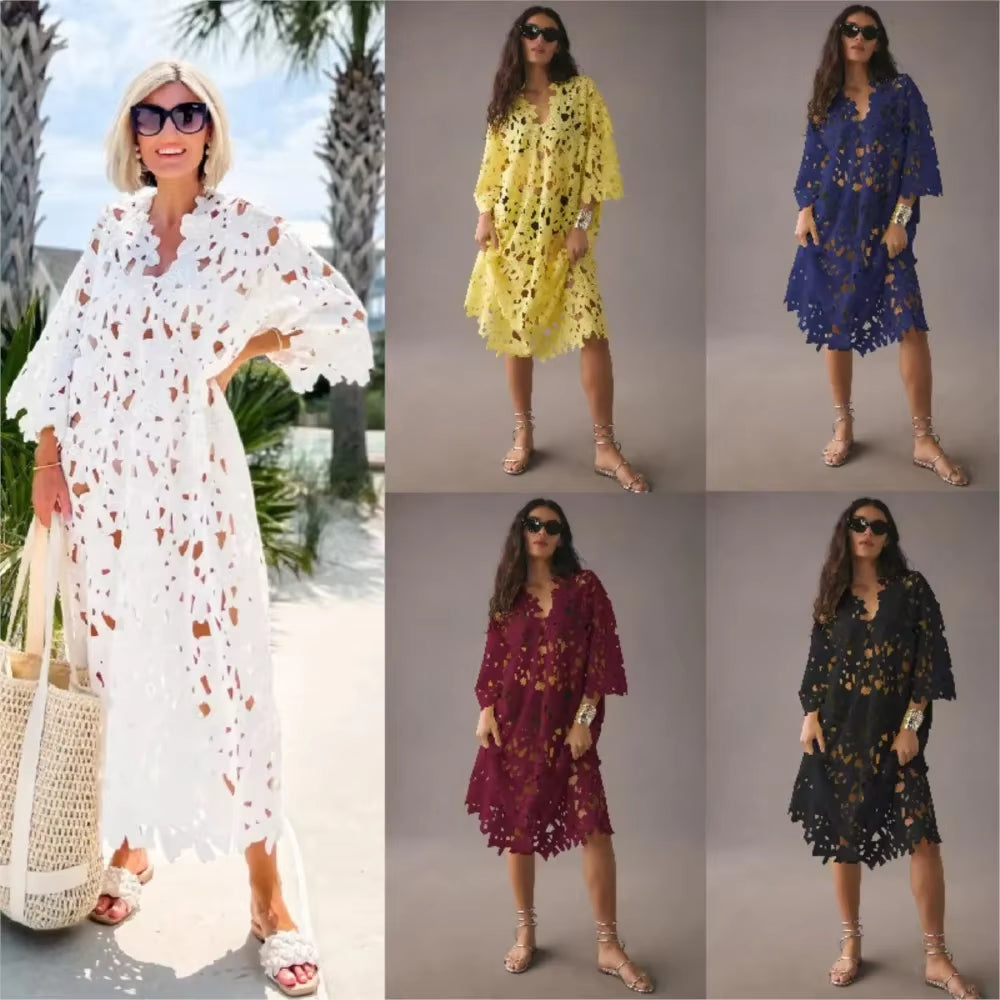 Seductive Elegance: Sexy Lace Hollow Out V-Neck Beach Dress