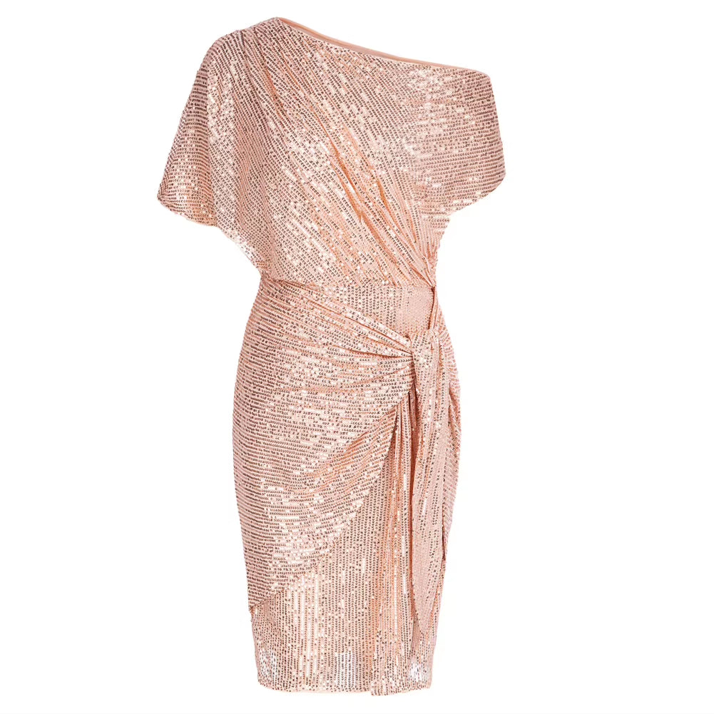 Cocktail Dresses for Women Sequined Party Dress Summer Ruched Short Sleeve Asymmetric off Shoulder Bodycon Dress Vestidos